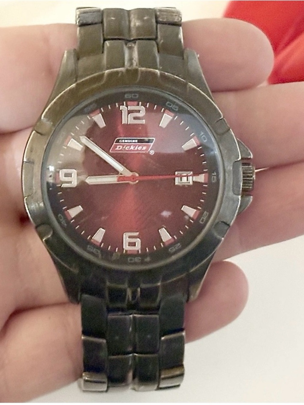 Genuine Dickies Men's Vintage Day/Date Black Steel Watch WORKS!!! Large Red Dial